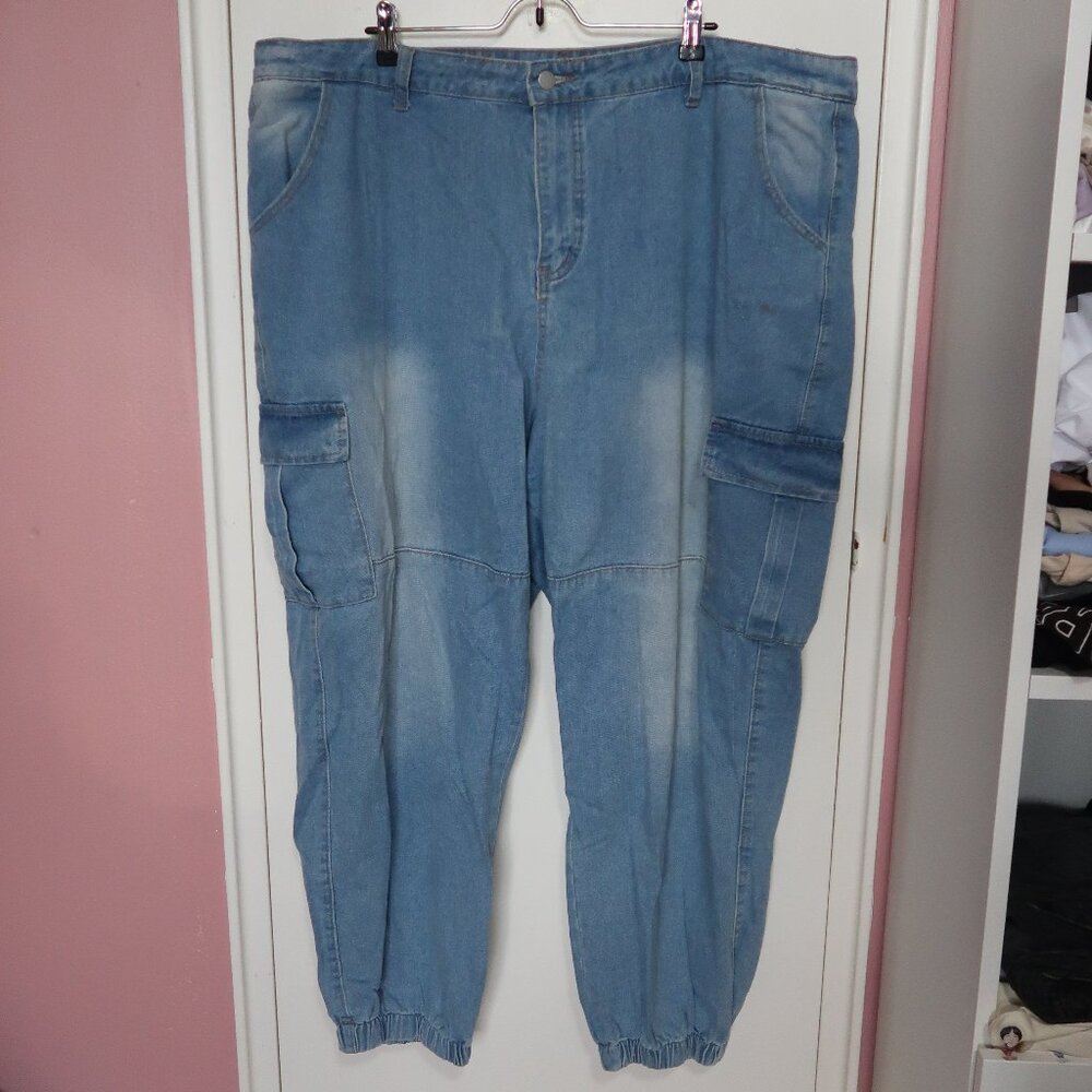 Plus Flap Pocket Side Bleach Wash Jeans  4XL(US 20)